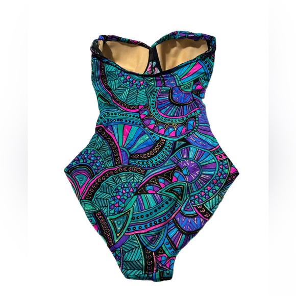 Vtg Catalina Abstracted Ruched Swimsuit Faux Wrap USA Teal Gold Paisley - Picture 2 of 9